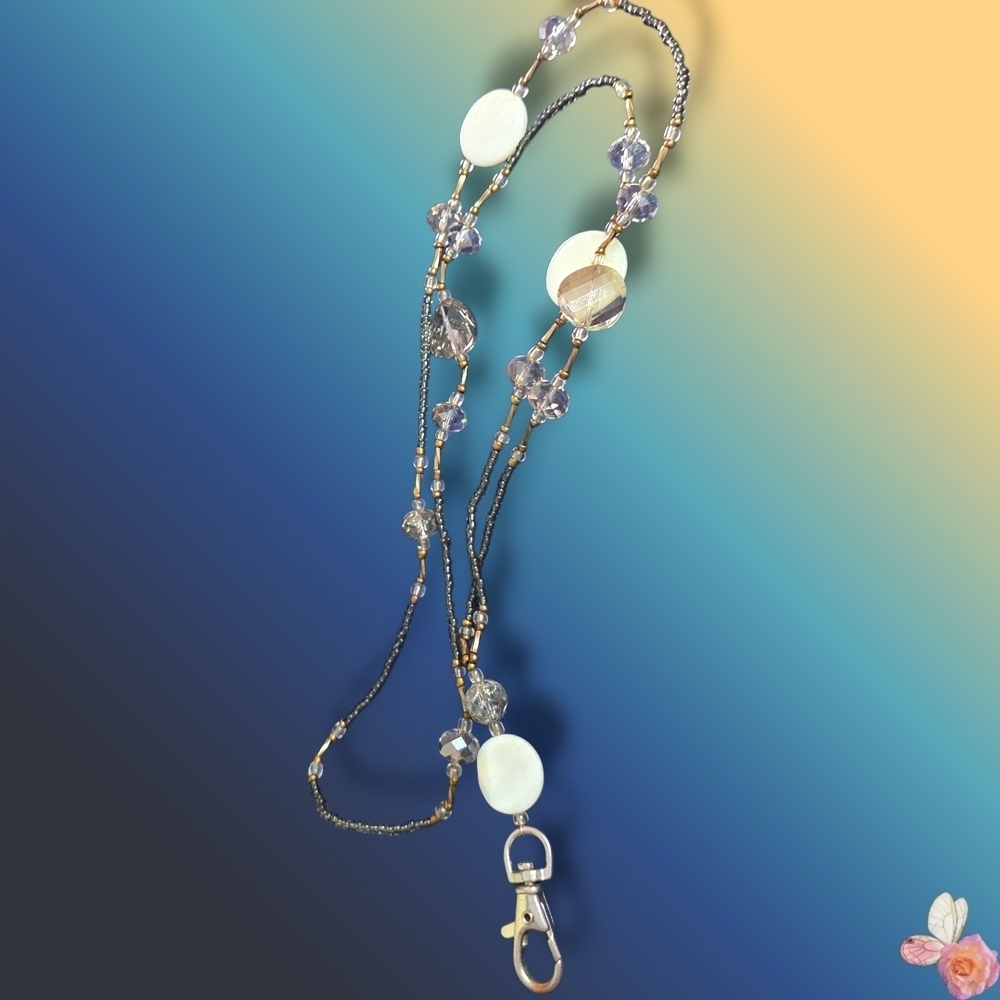 Lanyard Beaded Necklace Holder Name ID Tag Mother Of Pearl Crystal Sparkle - Picture 4 of 6